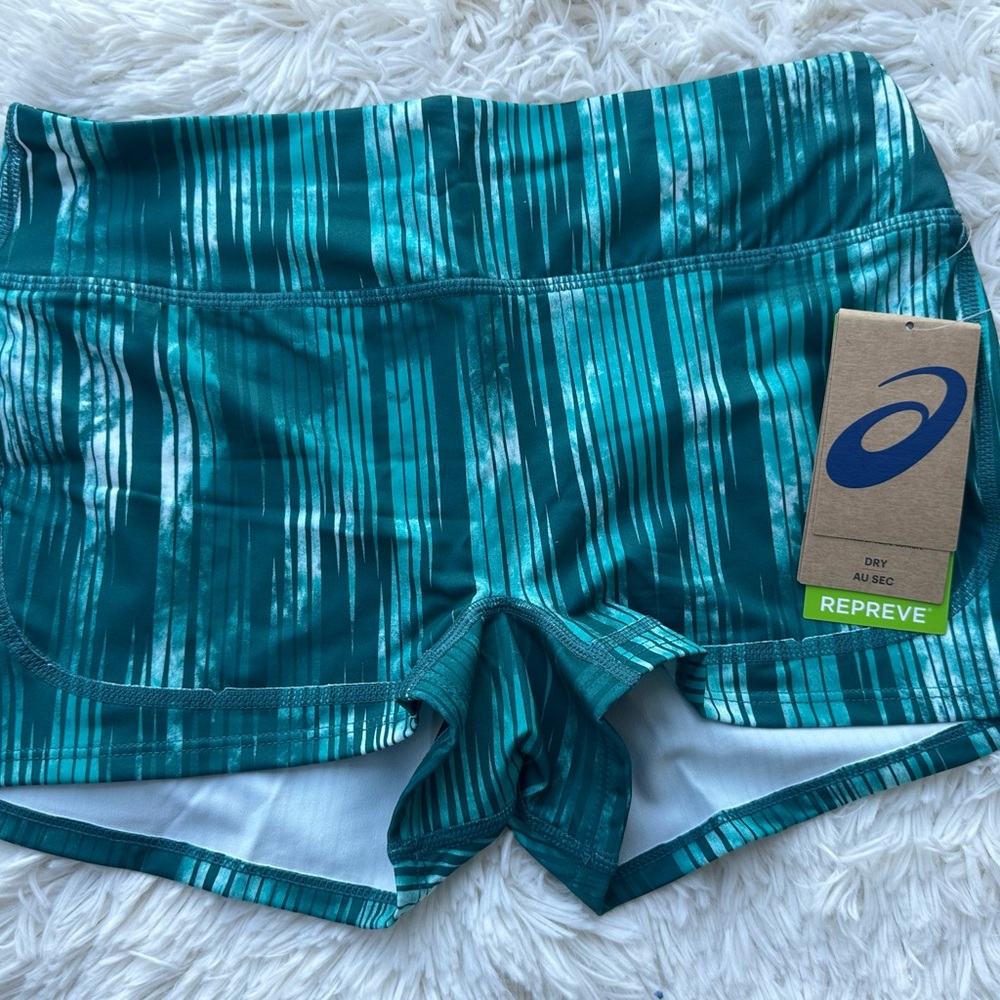 New women ASICS Teal Striped Athletic Shorts size medium